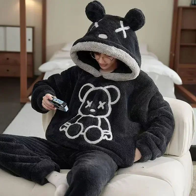2025 New Autumn and Winter Loungewear Coral Fleece Pajamas Men Plus-size Long-sleeved Sleepwear Suit Thickened Plush Homewear