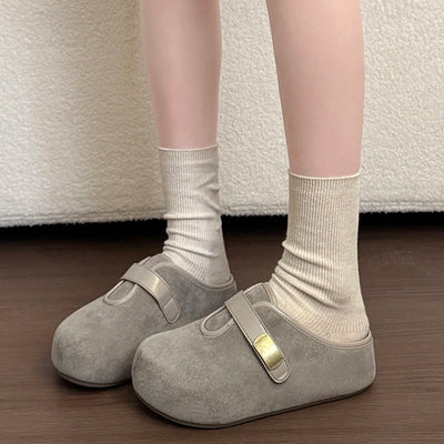 Women Lady Suede Flat Clogs Mules Slides with Gold Buckle | SAMAG