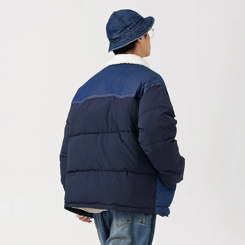 Denim Patchwork Oversized Men's Quilited Jackets, Y2k Lapel Mans Jacket, Streetwear Thermal Men's Jeans Coat