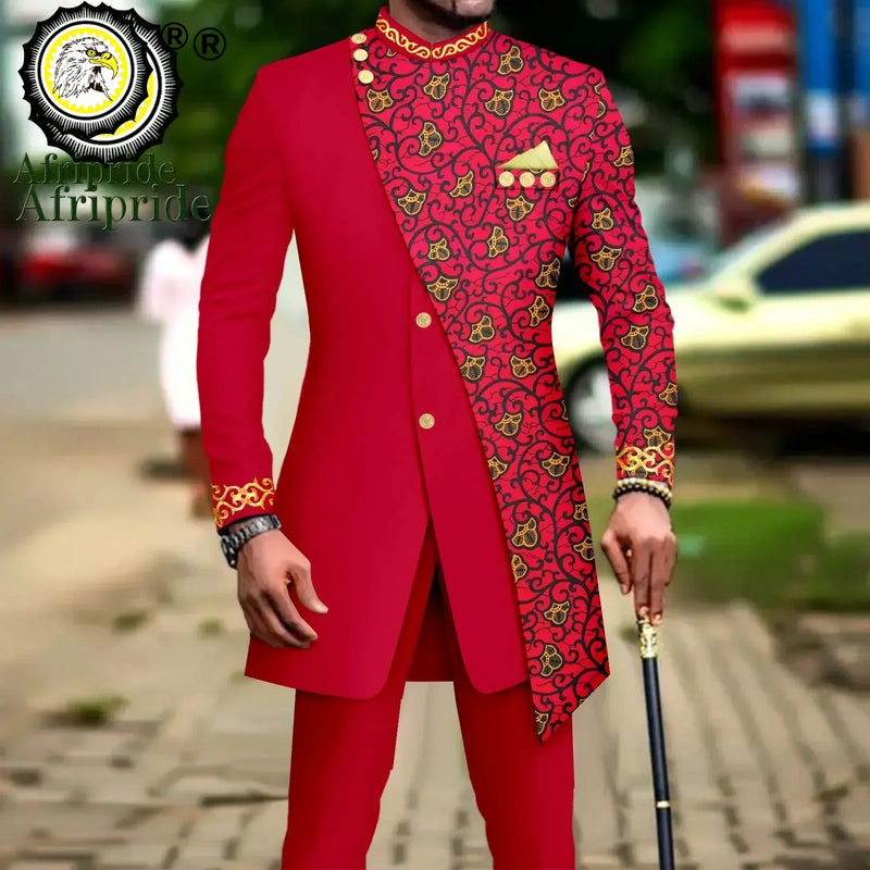 African Suits for Men Embroidery Print Blazer and Pants Set Business Dress with Kerchief Party Wedding - View 10 | SAMAG