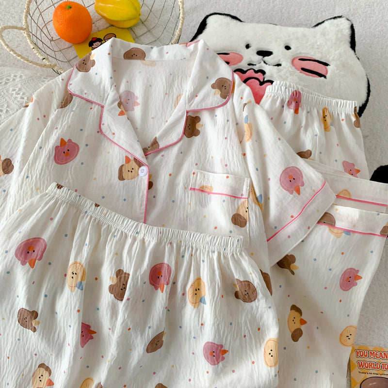 Cartoon Hello Kitty Summer Cardigan Lapel Women's Pajama Set Cloud Cotton Cute Printed Casual Loungewear Three-piece Set
