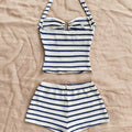 Summer Textured Knit Halter Top Shorts Two Piece Outfit, Classic Nautical Stripes Paired With Breathable Knit Fabric, Ideal For