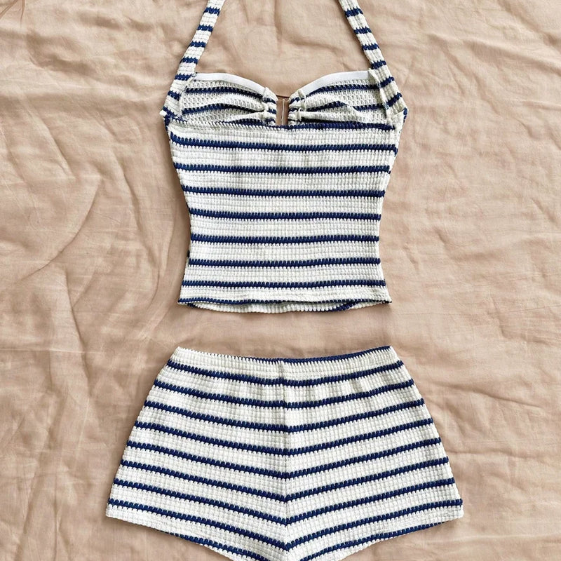 Summer Textured Knit Halter Top Shorts Two Piece Outfit, Classic Nautical Stripes Paired With Breathable Knit Fabric, Ideal For