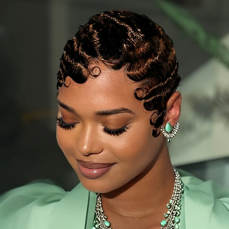 Elegant Human Hair Wave Pixie Cut Wig Layered Style For Women 180% Density Machine Made Hair