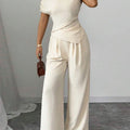Elegant Pure Color Ladies Asymmetric Top And Wide Leg Pants 2-Piece Set for Commuting Casual Vacations Fashionable New Arrival
