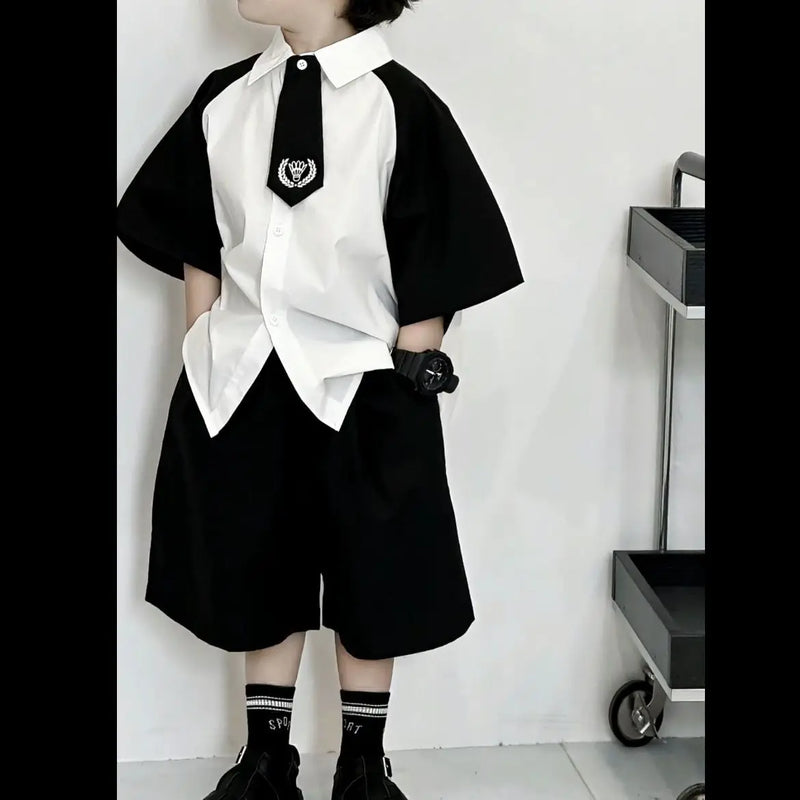 Summer Boy Clothing Set Patchwork Shirt+ Black Shorts - View 2 | SAMAG