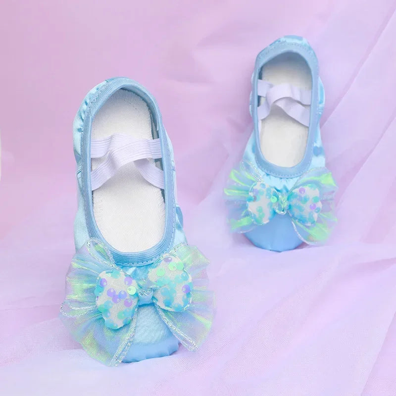 Blue,Pink,Purple Girls Dance Soft Sole Kids Ballet Dancing Shoe Cute Stage Show Cat Paw Shoes Bow Accessories