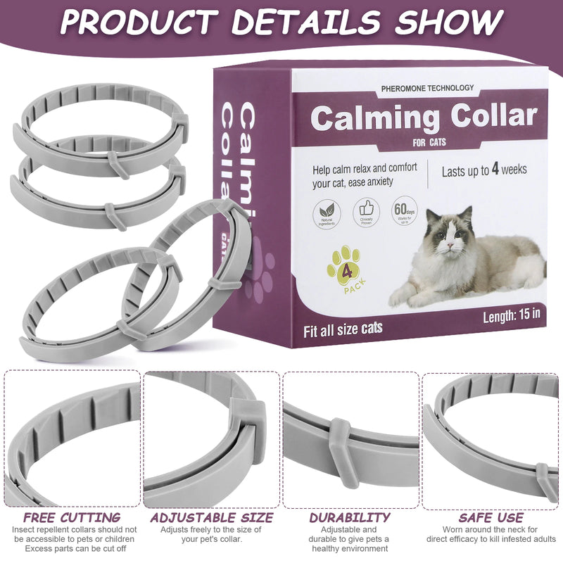 4Pcs Cat Calming Collar Cat Pheromone Collar Anti-Anxiety Comfort Cat Calm Collar Helps with Aggression for All Types of Cats