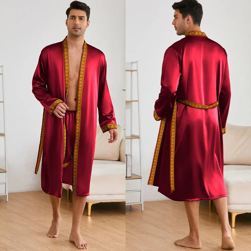 Men Long Nighty&Robe Set Summer Ice Silk Pajamas Set Sleepwear Loose Casual Home Clothes Nightwear Male Loungewear