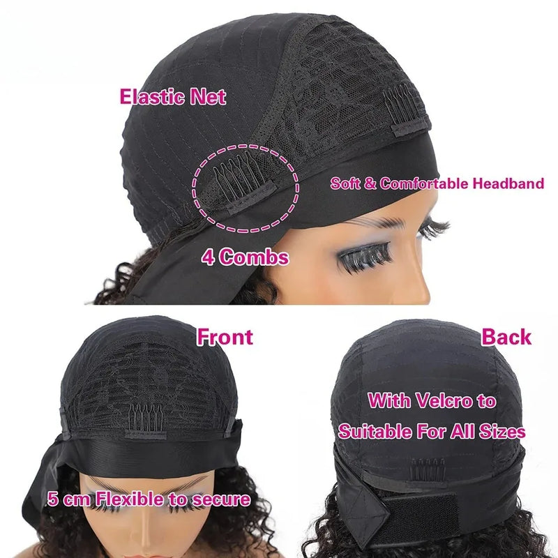 Stylish Short Curly Pixie Cut Headband Wigs 6 Inch 1B Natural Black Human Hair 150% Density Machine Crafted Breathable Lightweig
