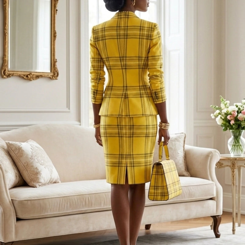 Women's Lapel Single Button Three Quarter Plaid Blazer Matching Pencil Midi Skirt For Office Business Daily Working Formal Fashion Occasions