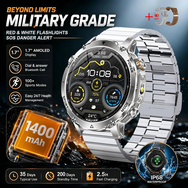 New 1400mAh Big Battery Smart Watch Men Outdoor GPS Flashlight IP68 Waterproof Bluetooth Call AMOLED Military Sports Smartwatch