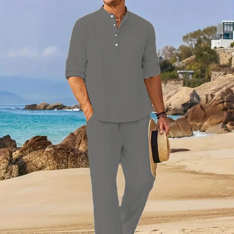 Men's White Linen Suit Set Long Sleeve Henley Shirt and Elastic Waist Pants Two Piece Outfit Summer Casual - View 8 | SAMAG