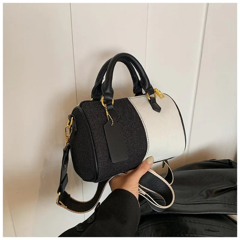 Patchwork Colorblock Mini Handbags For Women Denim Shoulder Cross Body Bags Casual Street Small Boston Bag 2025 Designer Purses