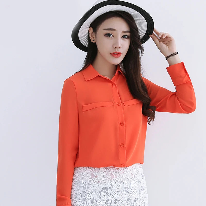 Simple Solid Color Loose Women's Chiffon Shirt 2025 Spring New Fine Long Sleeve Casual Blouses and Tops Lady OL Office Shirts