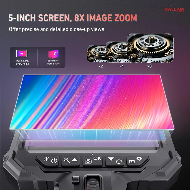 Ralcam  Endoscope Camera with 210° Movable Head, 6.2 mm Probe, 5 Inch HD Screen IP67 Inspection Camera， for Car and Home
