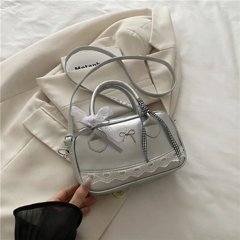 Zipper PU Leather Boston Handbag Lace Ribbon Bow Crossbody Bowling Bag Korean Style Waterproof Small Square Bag Travel