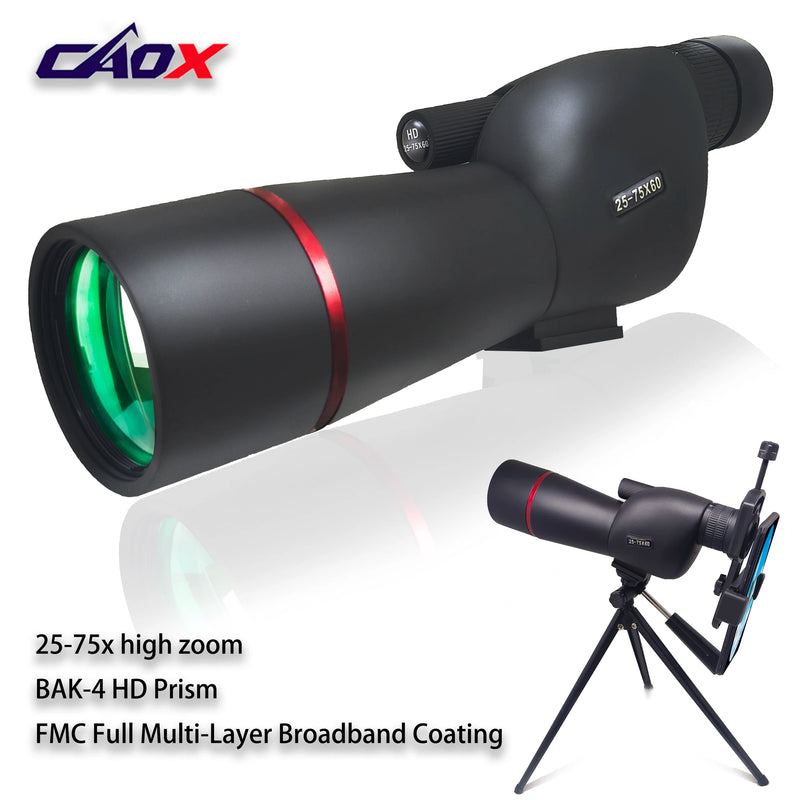 CAOX 25-75 High Power Zoom Telescope Spotting Scope Wide Field Monocular with Phone Adapter and Tripod for Bird Watching Camping