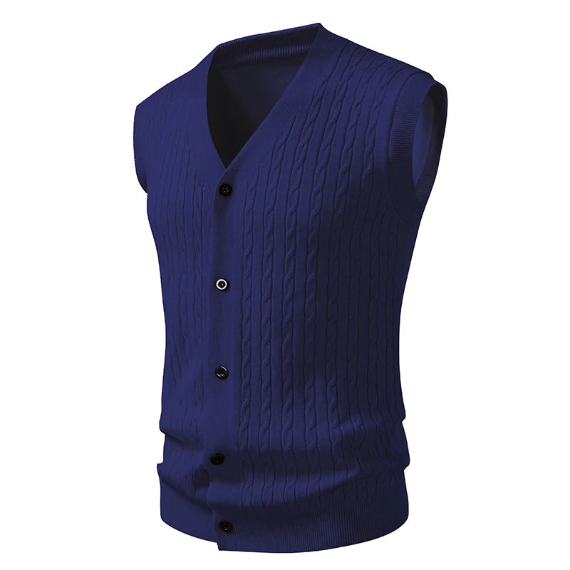 Beige Men's Sleeveless Knit Vest; Pullover Vests for Fall and Winter, Available in Yellow, Gray, Khaki, and Blue.