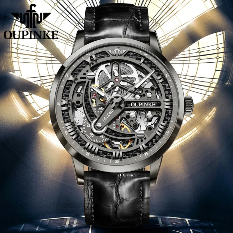 OUPINKE 3173 Fully Transparent Hollowed Automatic Mechanical Watches for Man Luxury Original Leather Strap Waterproof Mens Watch
