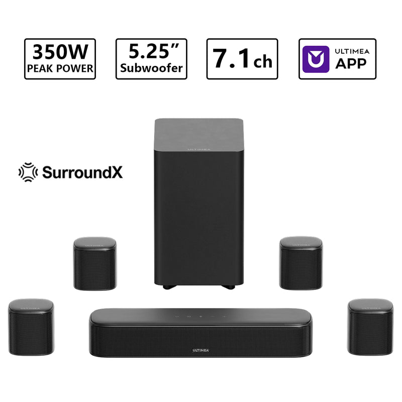ULTIMEA 350W 7.1ch Virtual Surround Soundbar, Home Theater TV Sound Bar with Subwoofer&4 Surround Speakers, Smart App Control