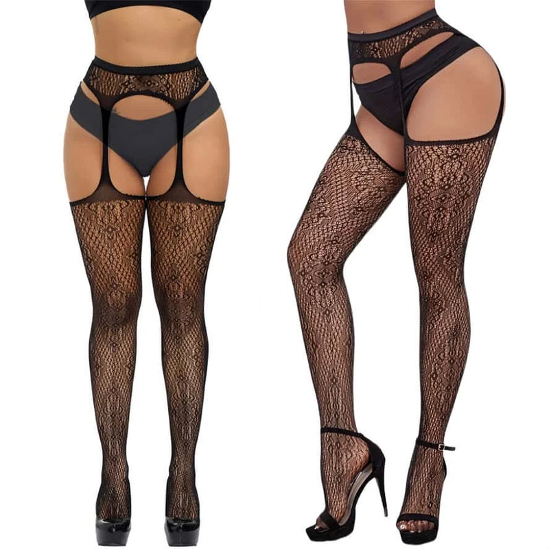 High Waist Sexy Fishnet Black Garter Stockings Tights Open Crotchless Body Suit Large Plus Size Pantyhose for Oversized Woman XL