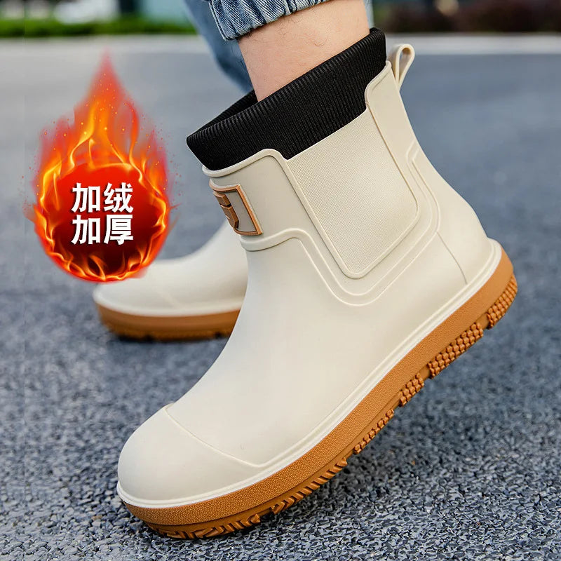 Men's Short-Tube Non-Slip Rain Boots Fashionable Low-Top Water Shoes, Pvc One-Time Molded Rain Boots, Pastoral Labor Waterproof