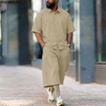 INCERUN Men's Sets Solid Lapel Short Sleeve Shirt Pants | SAMAG