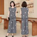 Women 2 Piece Outfit Sleeveless Printed Top And Wide Leg Pants Summer Casual Mom Wear For Middle Aged