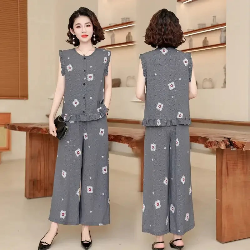 Women 2 Piece Outfit Sleeveless Printed Top And Wide Leg Pants Summer Casual Mom Wear For Middle Aged