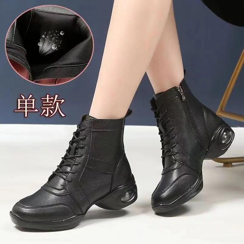 Women's Dancing Shoes Soft Bottom Leather mid Heel Black Mesh Breathable Square Dance Shoes Jazz Sailor Dance Footwear