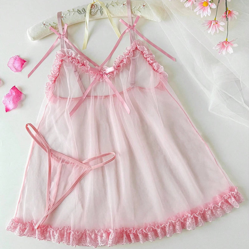 Women's Sexy Lace Nightdress Bow Cutout Transparent Sling Nightgown See Through Sexy Lingerie Nightwear Exotic Costumes