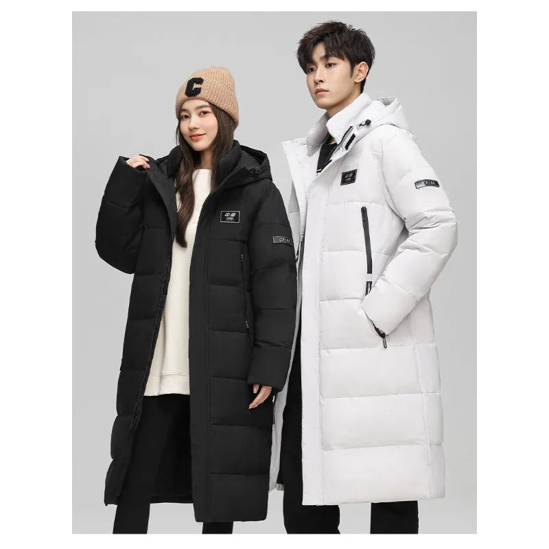 Fashionable White Duck Down Jackets Suitable Both Men  Women in Winter Long Knee-length Cotton-padded Jackets with Thick Hooded