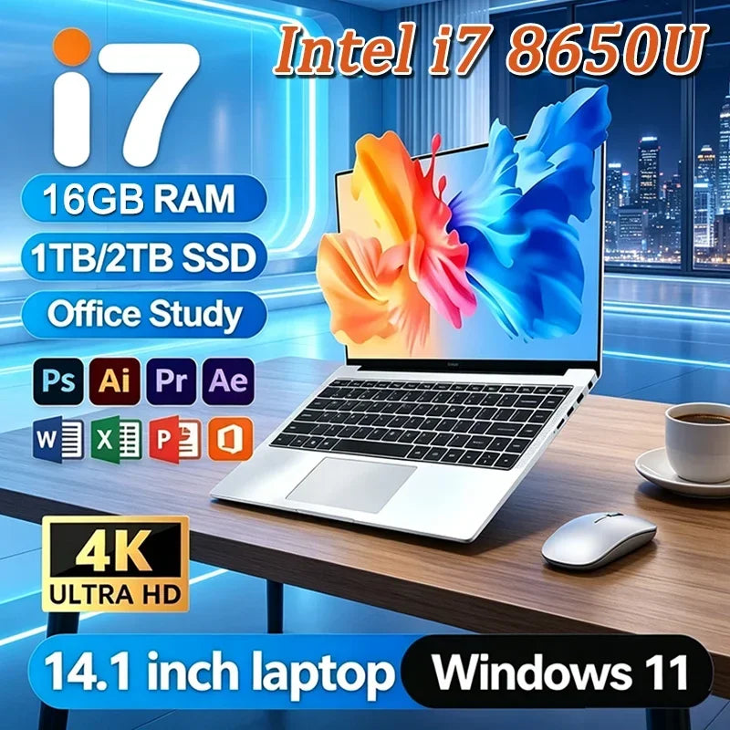 14.1"Laptop Computer PC Intel Core i7 8650U Laptop Ultra Slim Notebook 12GB RAM 1TB 2TB SSD Office Study Windows 11 1920*1080