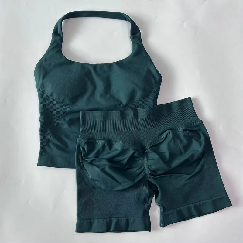 1-2pcs Gym Set Women Backless Tank Tops High Waist Scrunch Seamless Shorts High Waist Yoga Leggings Workout Sets Gym Suit
