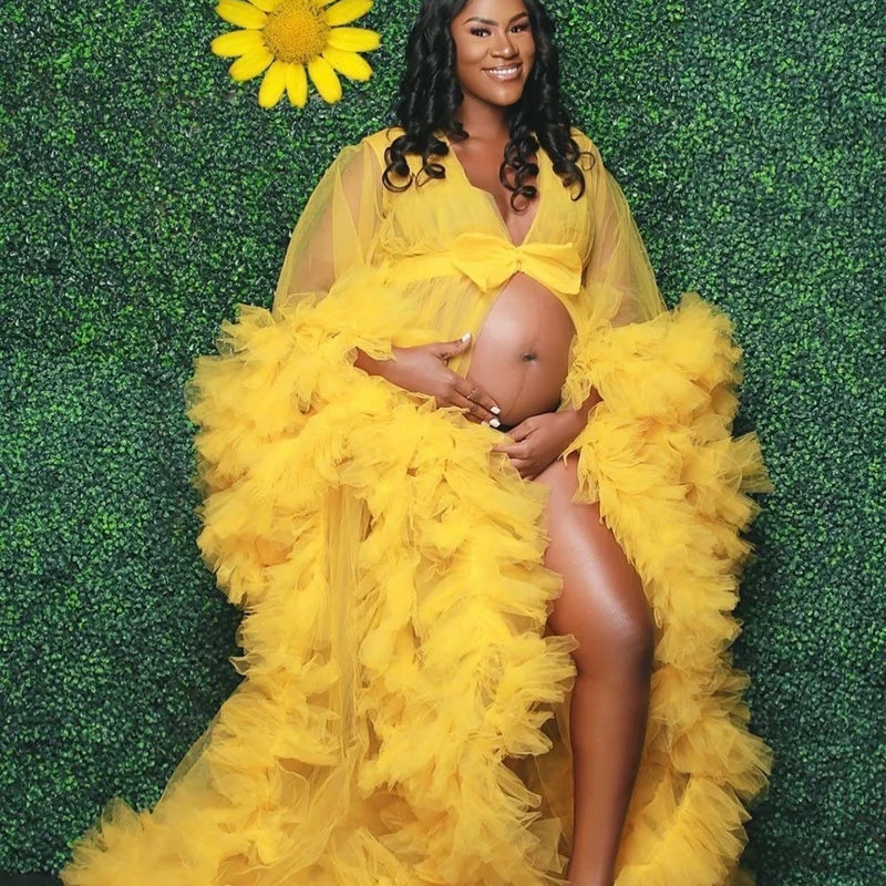 Luxury Maternity Dresses Puffy Tulle Long Women Robe Wedding Bridal Sleepwear Nightwear Front Split BabyShower Gown Photoshoot