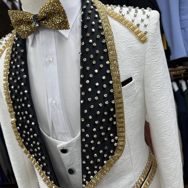 High End Beading Jacquard Men's Formal Suit Set, 3-Piece Paisley One Button Blazer Vest Pants Set, Luxury Costume Tuxedo Set