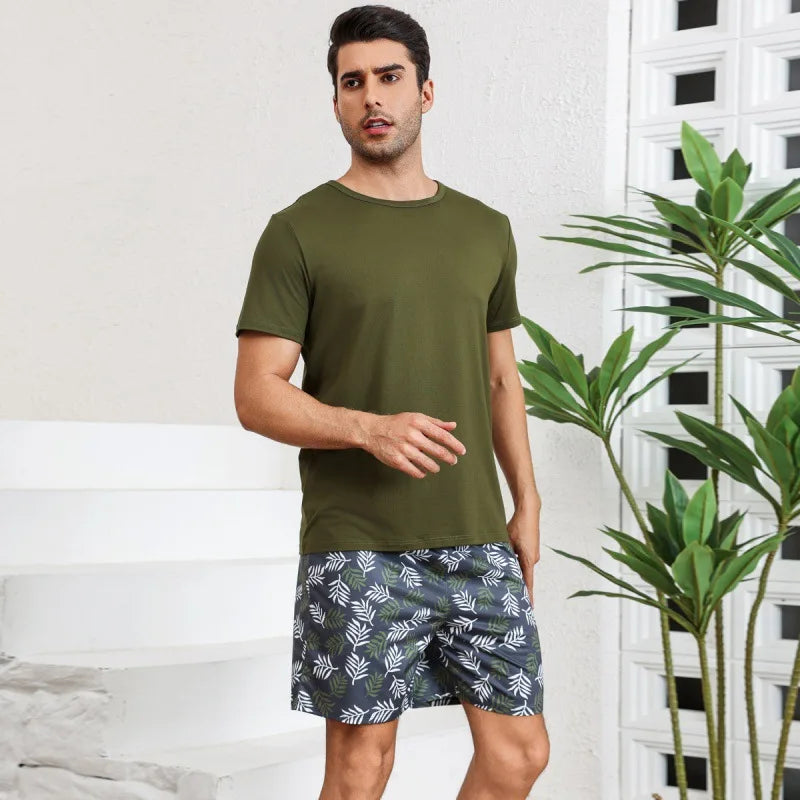 Men's Loungewear Summer Short Sleeve Shorts Pajamas Youth Soft Skin-friendly Loose Casual Wear Suit Lounge Set Pijamas for Men