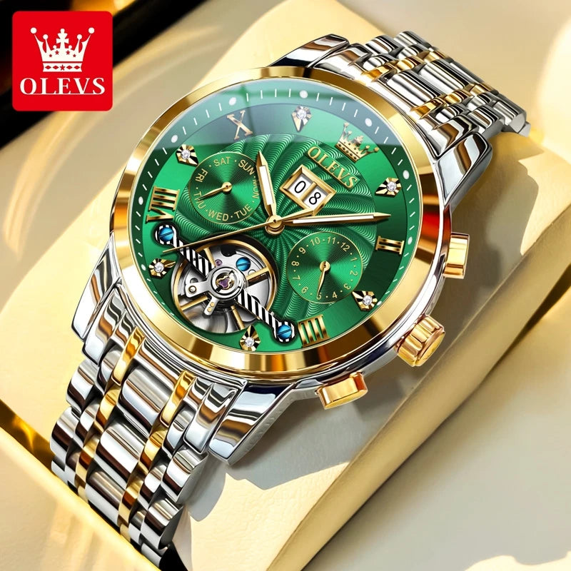 OLEVS 9910 Mens Watch Original Luxury Brand Waterproof Luminous  Automatic Mechanical Watch Dual Calendar Watch Box Reloj