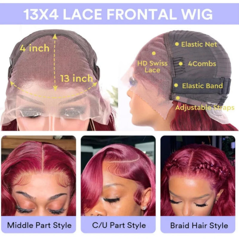 34 Inch 99J Burgundy Body Wave 13x4 HD Transparent Lace Frontal Wig Human Hair Pre Plucked Baby Hair Cuticle Aligned Colored Wig For Black Women