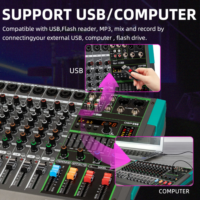 6/8/12/16 Channels Audio Sound Mixer Depusheng Mixing DJ Console USB 48V Phantom Power 256 DSP Effects Sound Table for Stage