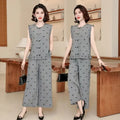 Women 2 Piece Outfit Sleeveless Printed Top And Wide Leg Pants Summer Casual Mom Wear For Middle Aged