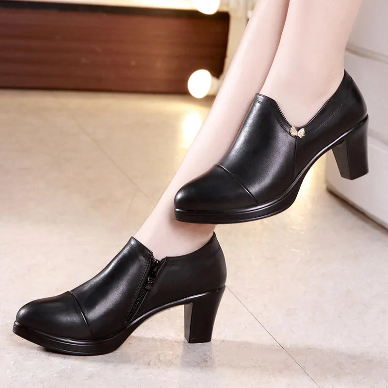high quality leather shoe for women 5.5cm 8.5cm 11cm  high heel platform point toe 32 33 elegant office autumn winter shoe black