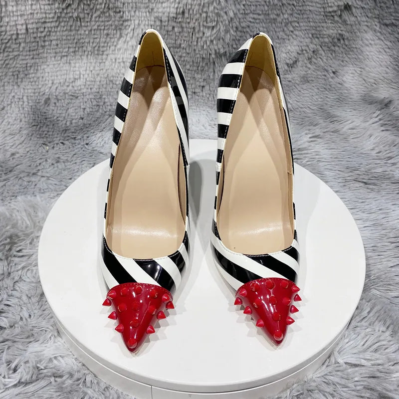 Black and white striped patent leather color blocked rivet pointed thin heel shallow mouth sexy super high heels single shoe