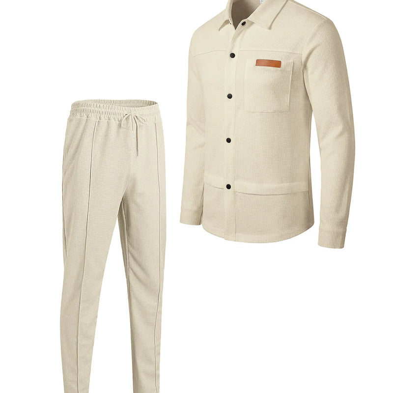 Men's New Style Waffle Plain Color Collar Button - Down Pockets Long - Sleeved Pants Casual Jacket Set - View 8 | SAMAG