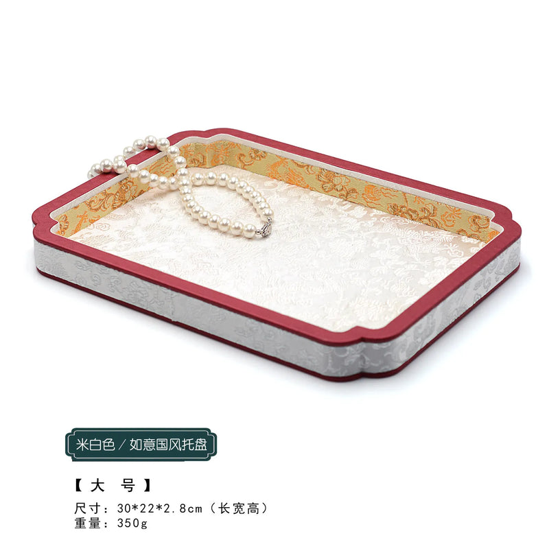Luxury Chinese Vintage Silk Wooden Jewelry Box, Countertop Display Tray for Perfume Ring Bracelet, Velvet Gemstone Jade Storage