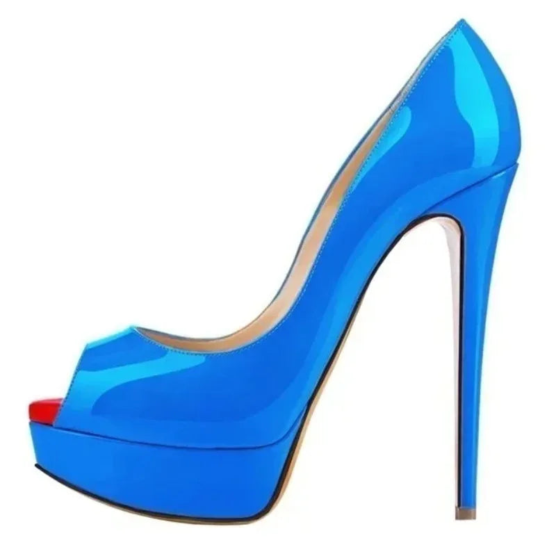Women Stilettos Sexy Pumps 14cm Extremely Platform Peep Toe High Heels Patent Leather Party Nighclub Dress Red Wedding Shoes
