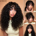 UNice Pre Cut Pre Bleached Boho Curly Wig With Bangs Natural Black 4x2 Lace T Part 100% Human Hair Glueless Drawstring Wig