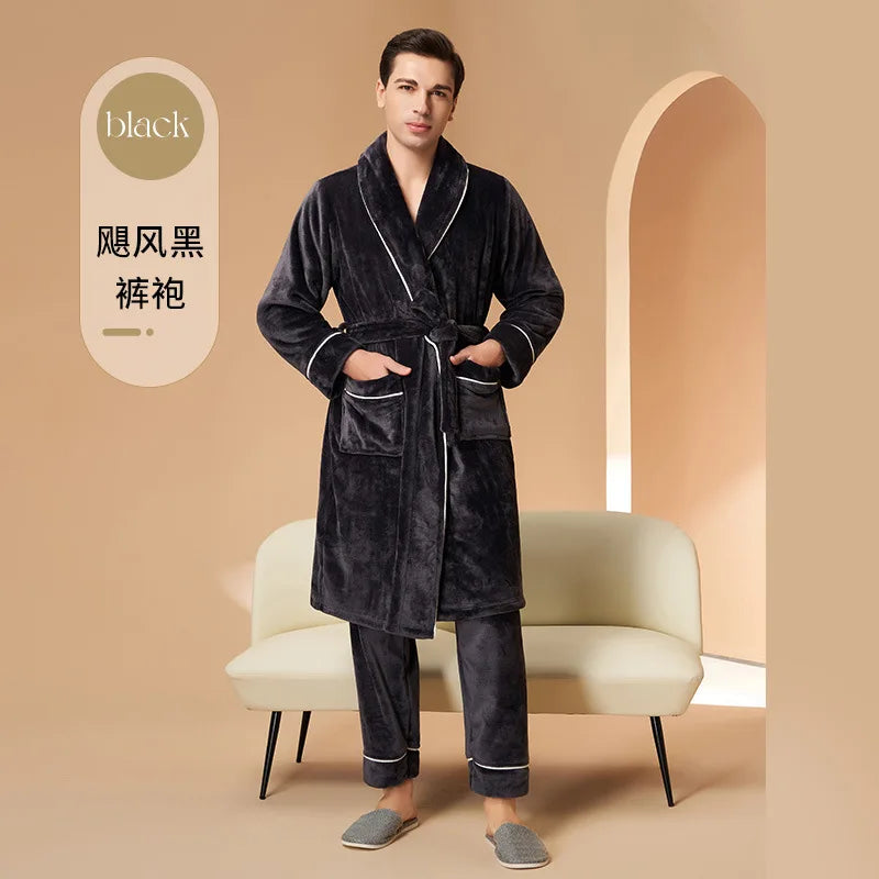 Flannel Couple Robe And Pant Set Warm Autumn Winter Thick Coral Fleece Pajamas Women's Bathrobe Men's Sleepwear Loose Home Cloth