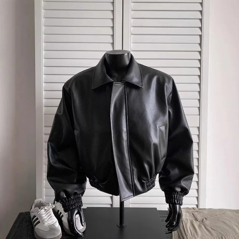 KIDWHXR Autumn Man Leather Jacket Streetwear Turn Down Collar Zipper Male Windproof Long Sleeve Loose Casual Men Outerwear